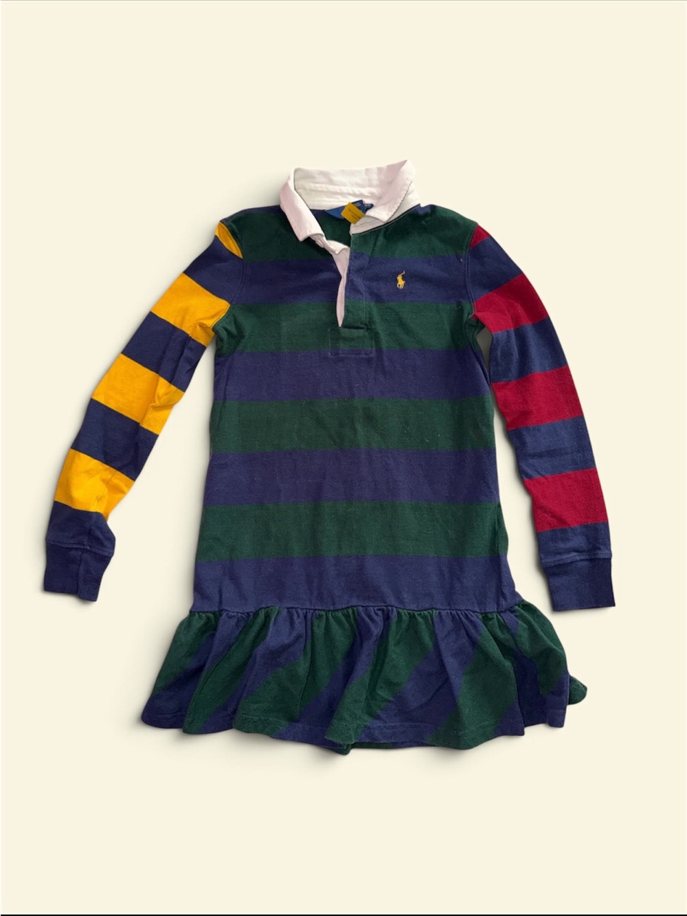 Polo by Ralph Lauren Green and Navy Striped Rugby with White Collar